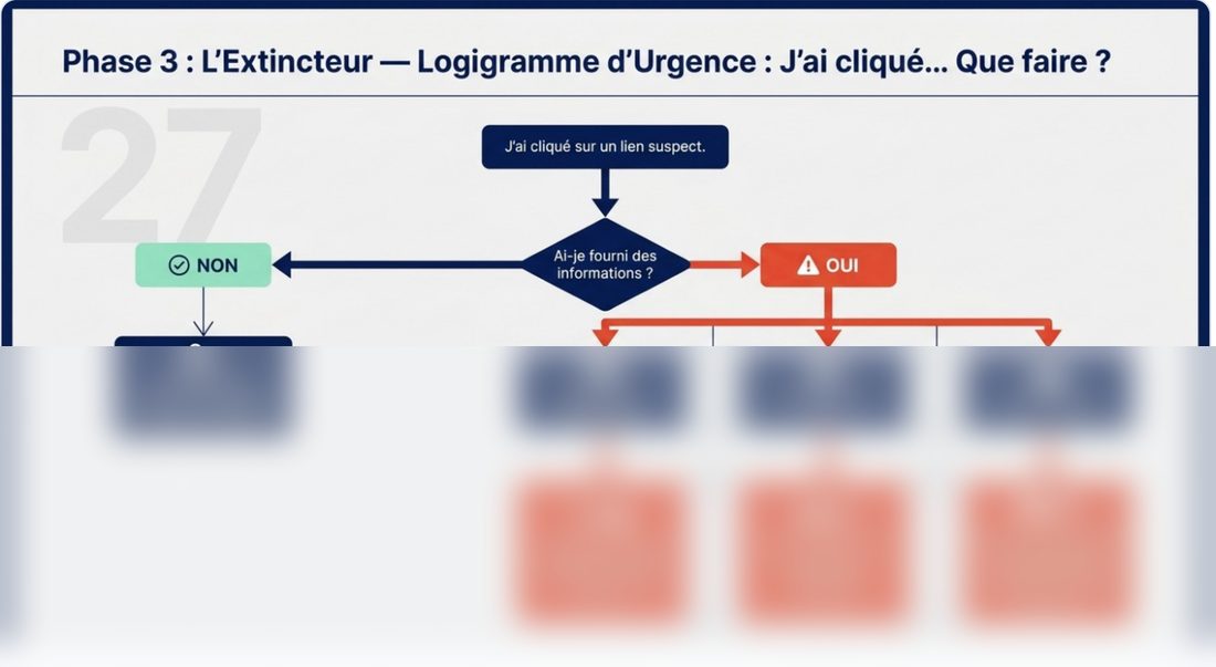 Planche du manuel : logigramme d'urgence « J'ai cliqué… que faire ? » (réponses masquées).